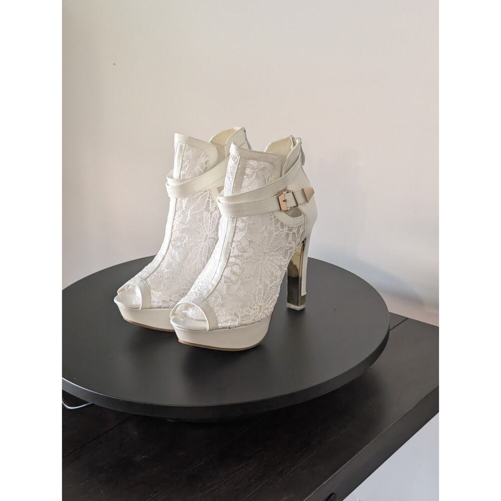 Women's Hollow Out Lace High Heels Ankle Boots Buckle Heels-white Size 37-US 6.5